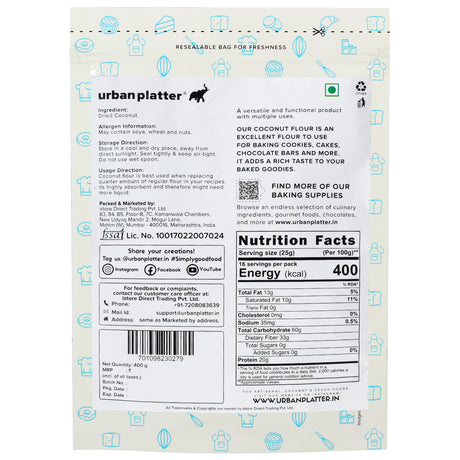 Urban Platter Coconut Flour, 400g [Made with Coconuts from Tamil Nadu, Naturally Gluten-free, Fiber-rich, Paleo friendly, Perfect for baking, making cookies]