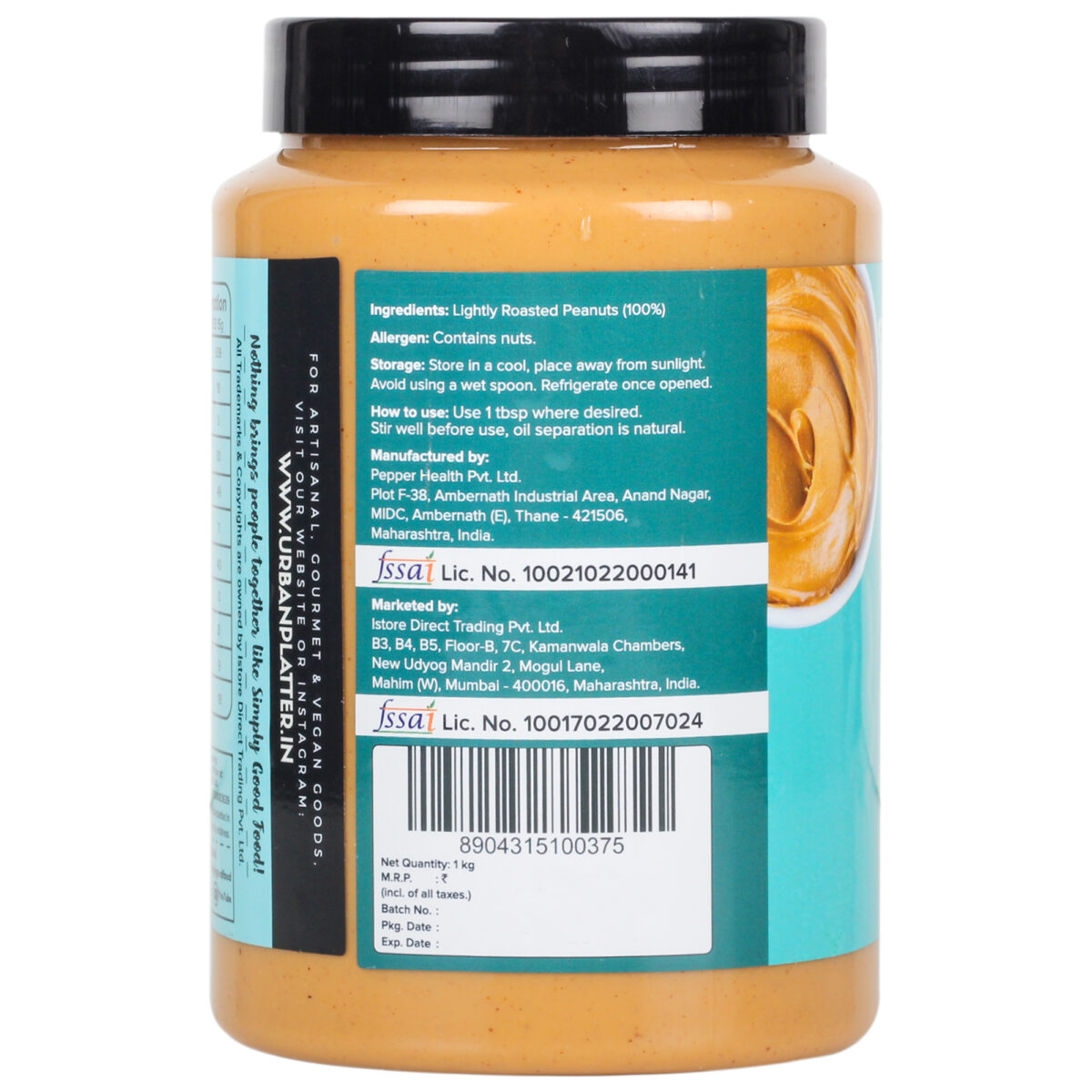 Urban Platter Natural Creamy Peanut Butter, 1kg / 35.2oz [Unsweetened, No Added Oil]