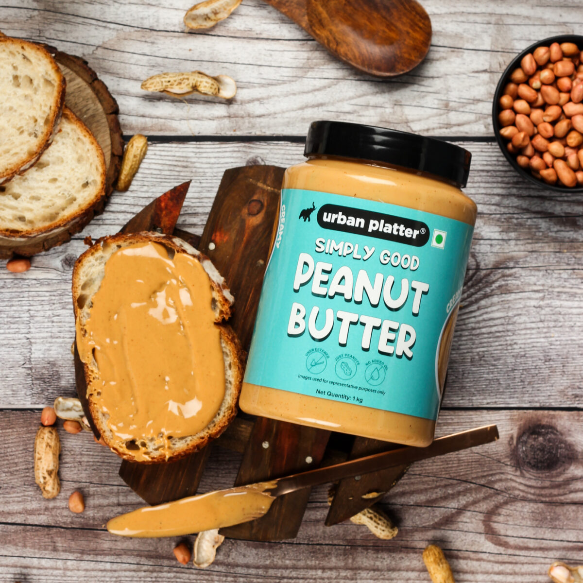 Urban Platter Natural Creamy Peanut Butter, 1kg / 35.2oz [Unsweetened, No Added Oil]