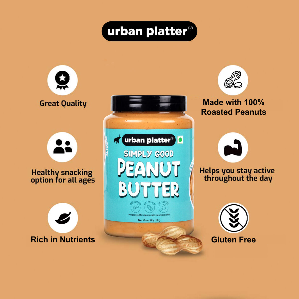 Urban Platter Natural Creamy Peanut Butter, 1kg / 35.2oz [Unsweetened, No Added Oil]