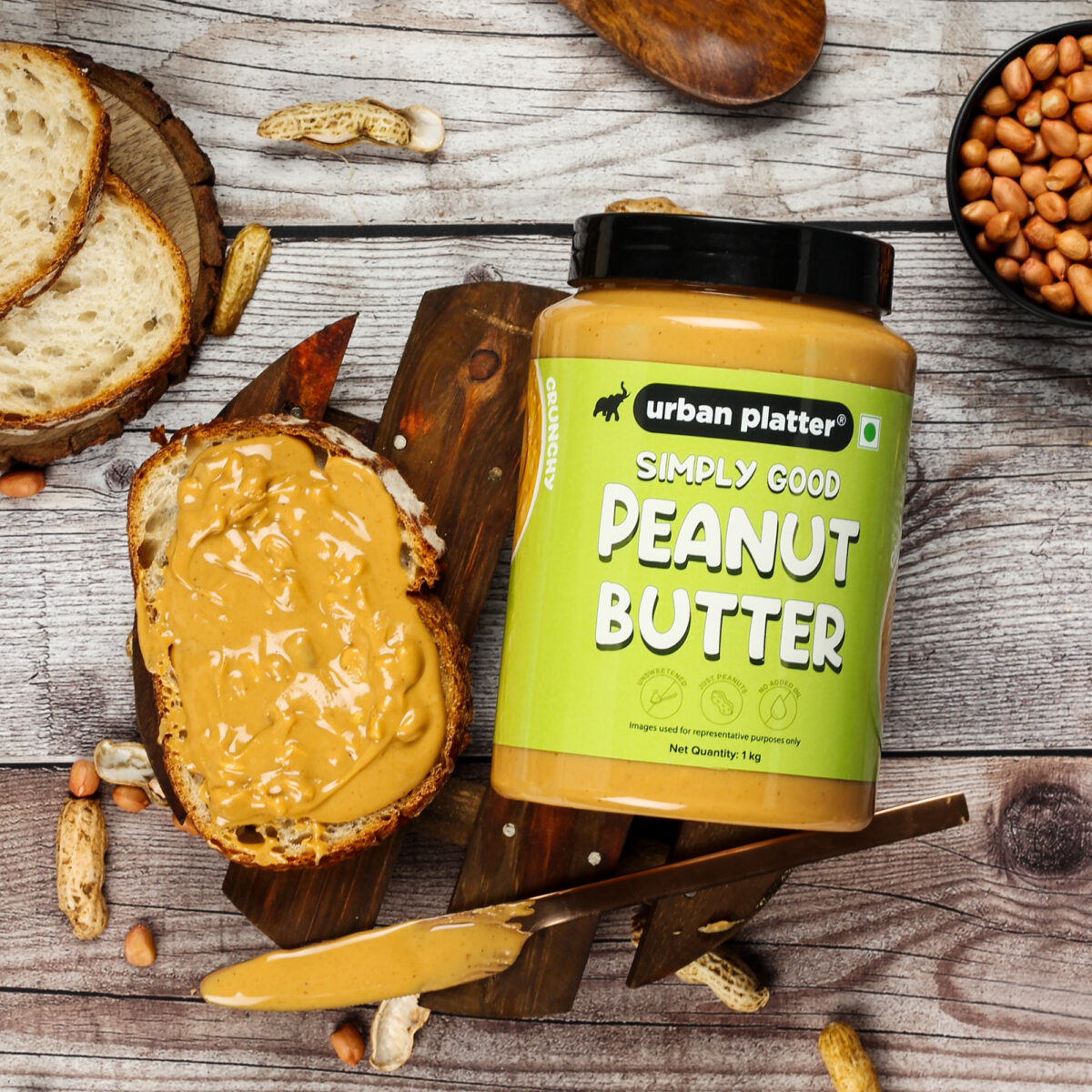 Urban Platter Natural Crunchy Peanut Butter, 1kg / 35.2oz [Unsweetened, No Added Oil]