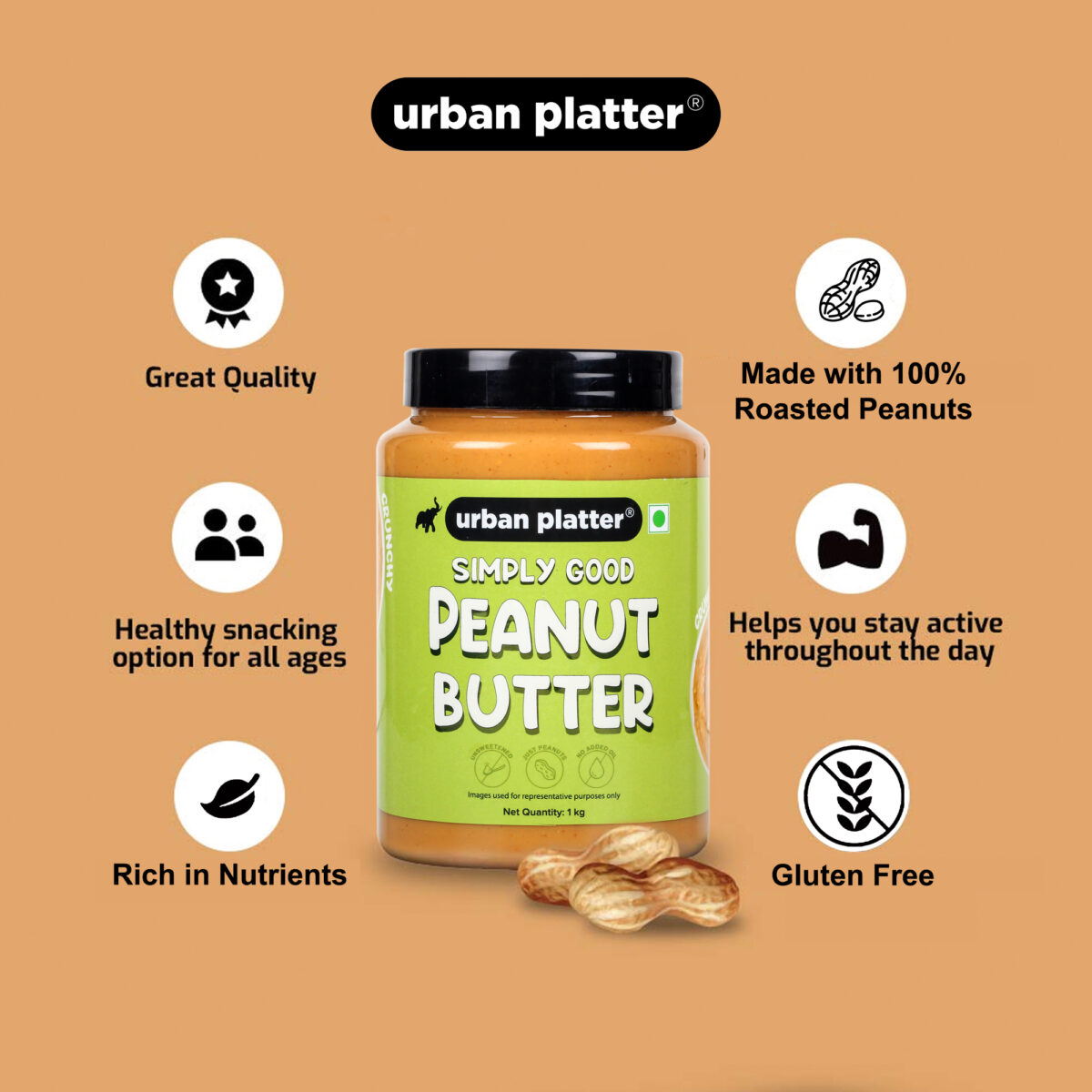 Urban Platter Natural Crunchy Peanut Butter, 1kg / 35.2oz [Unsweetened, No Added Oil]