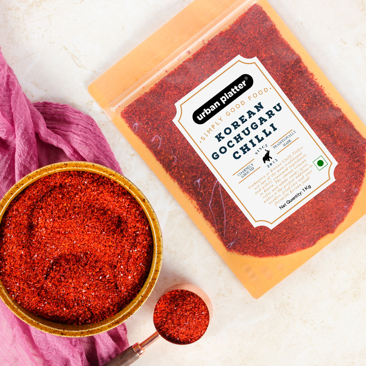 Urban Platter Korean Gochugaru Hot Pepper Powder 1Kg [Coarse ground Korean Dried Chilli Peppers | Smoky & Spicy| Use for Kimchi and other Korean Dishes]