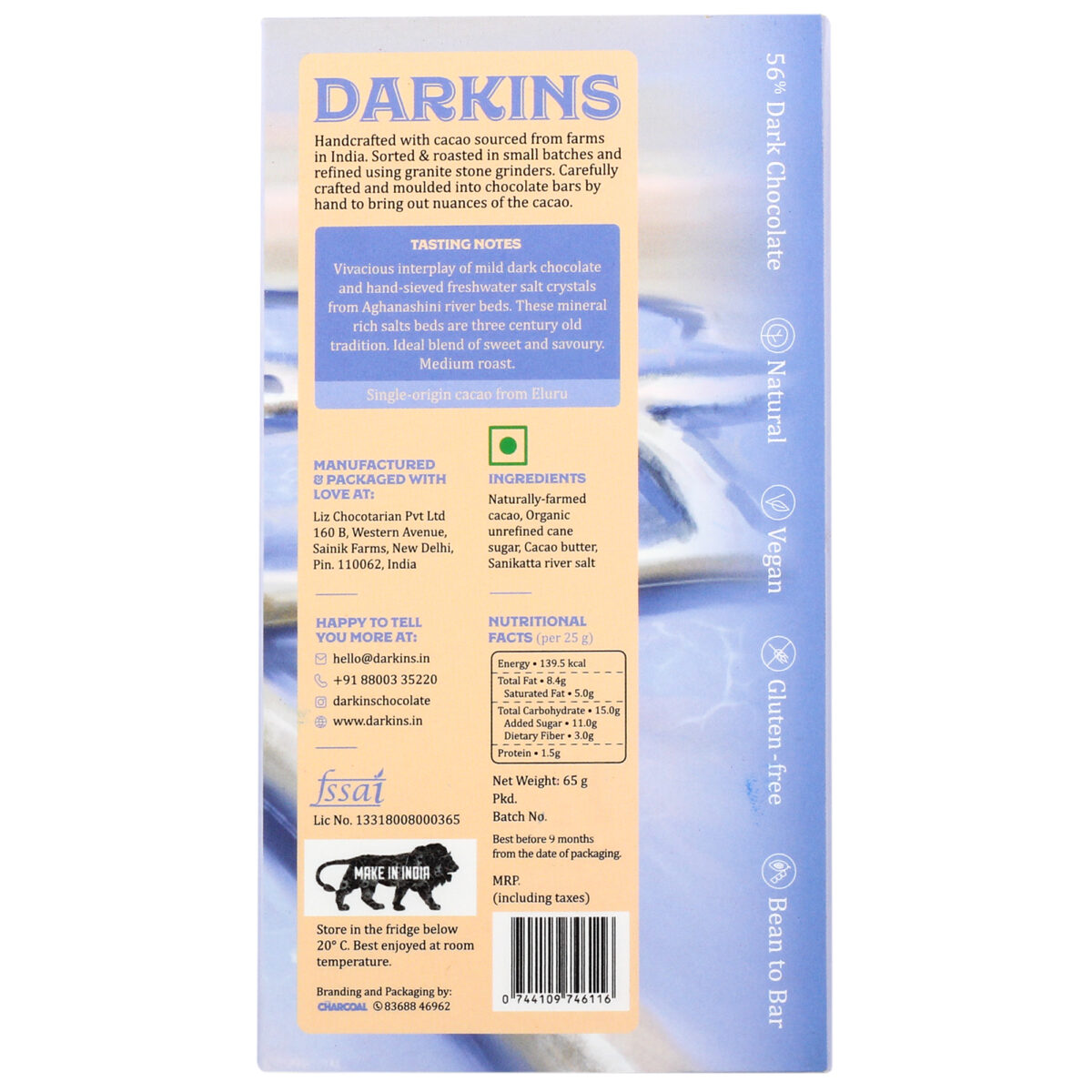 Darkins 56% Artisanal Dark Chocolate with Sanikatta Salt, 65g