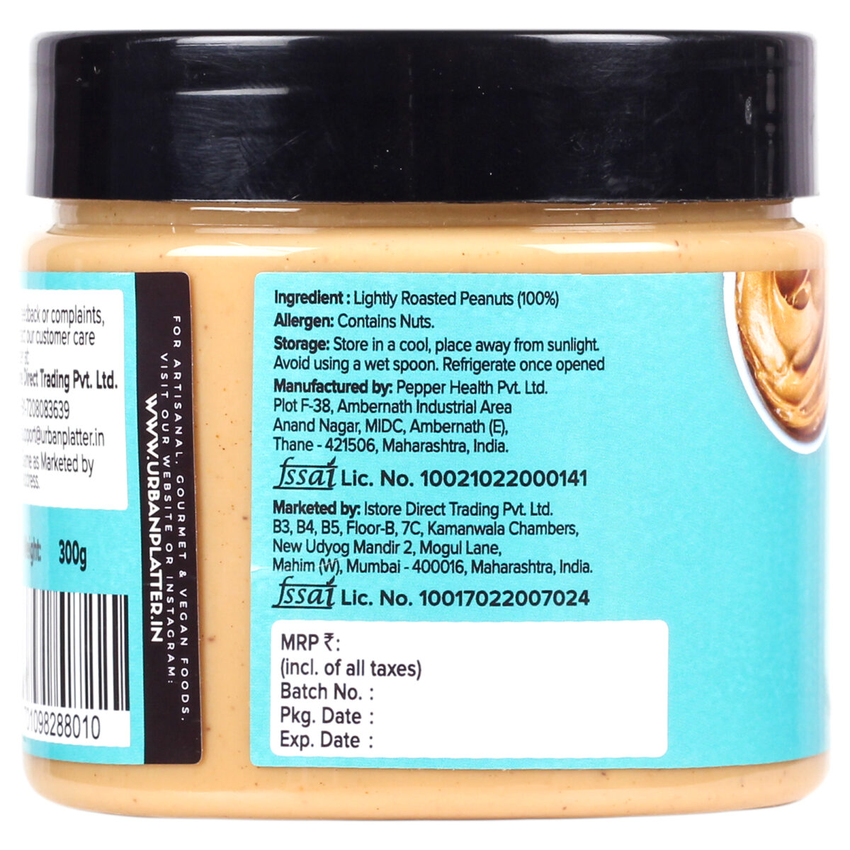 Urban Platter Natural Creamy Peanut Butter, 300g [Unsweetened, No Added Oil]