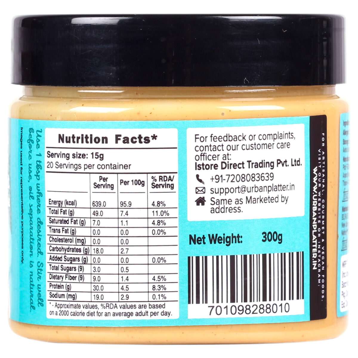 Urban Platter Natural Creamy Peanut Butter, 300g [Unsweetened, No Added Oil]