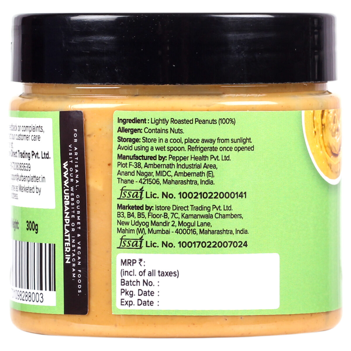 Urban Platter Natural Crunchy Peanut Butter, 300g [Unsweetened, No Added Oil]