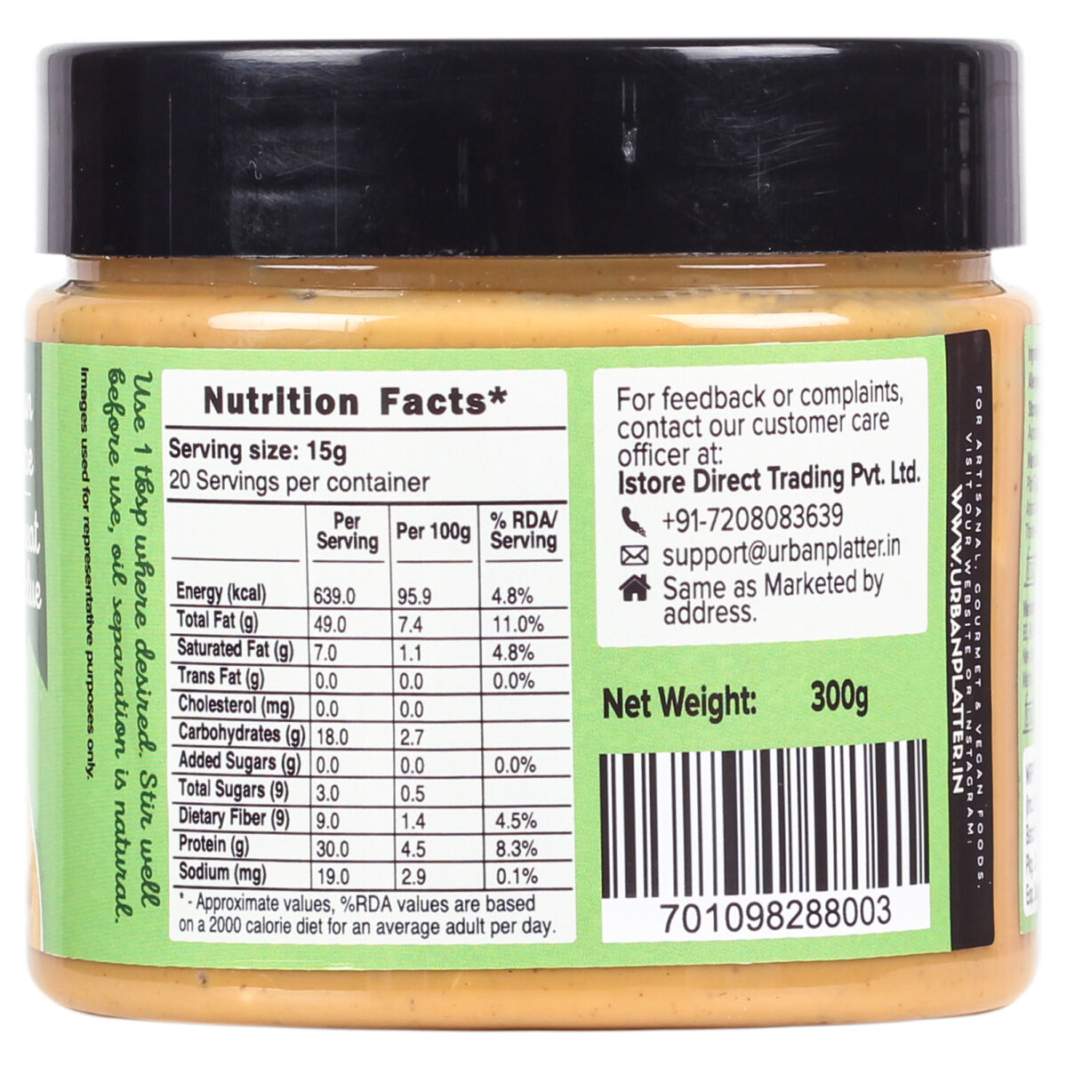 Urban Platter Natural Crunchy Peanut Butter, 300g [Unsweetened, No Added Oil]