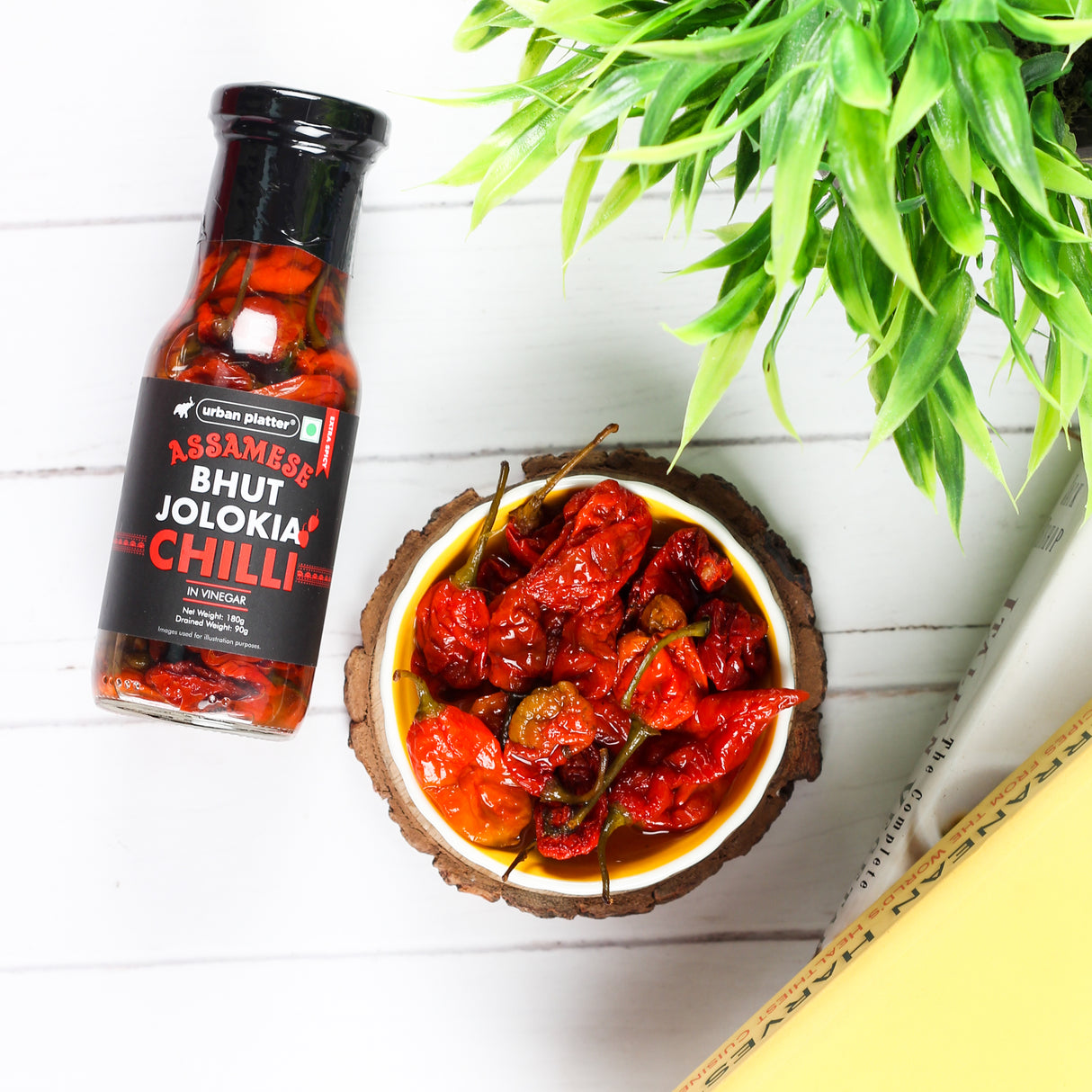 Urban Platter Assamese Bhut Jolokia Whole Chilli Peppers in Vinegar, 180g (Delicious and Fiery Bhoot Jolokia Naga Ghost Chilli Peppers from Assam, Great for Hot Sauces)