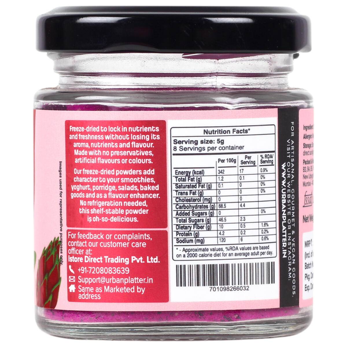 Urban Platter Freeze-Dried Pink Dragon Fruit Powder (Pink Thai Pitaya), 40g