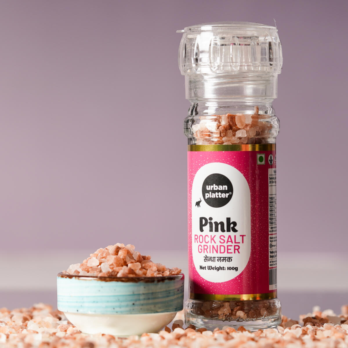 Urban Platter Pink Himalayan Rock Salt Grinder, 100g (Unrefined | Additive Free | Sendha Salt | Convenient Grinder Bottle)