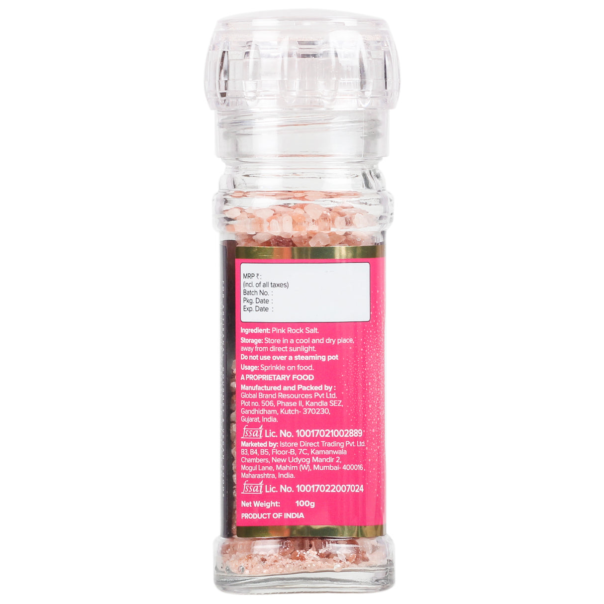 Pink Himalayan Rock Salt Grinder, 100g (Unrefined | Additive Free | Sendha Salt | Convenient Grinder Bottle)