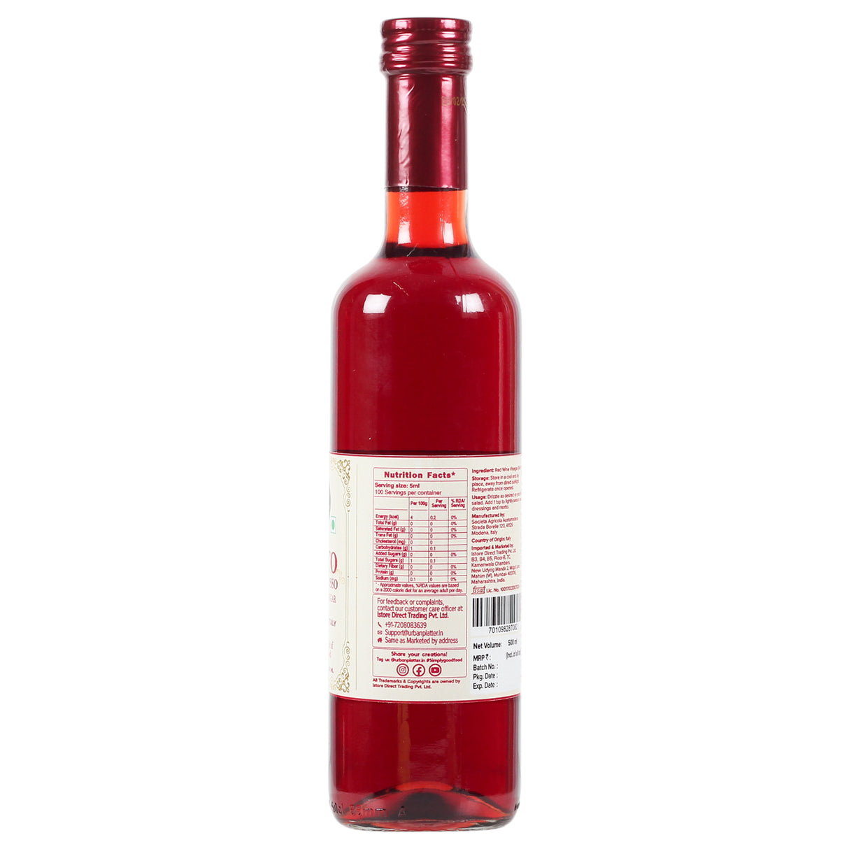 Urban Platter Aceto Di Vino Rosso Red Wine Vinegar, 500ml (Product of Italy, Perfect for Salads, 6% Acidity, Use for dressing salads, making sauces, making spreads and season proteins)