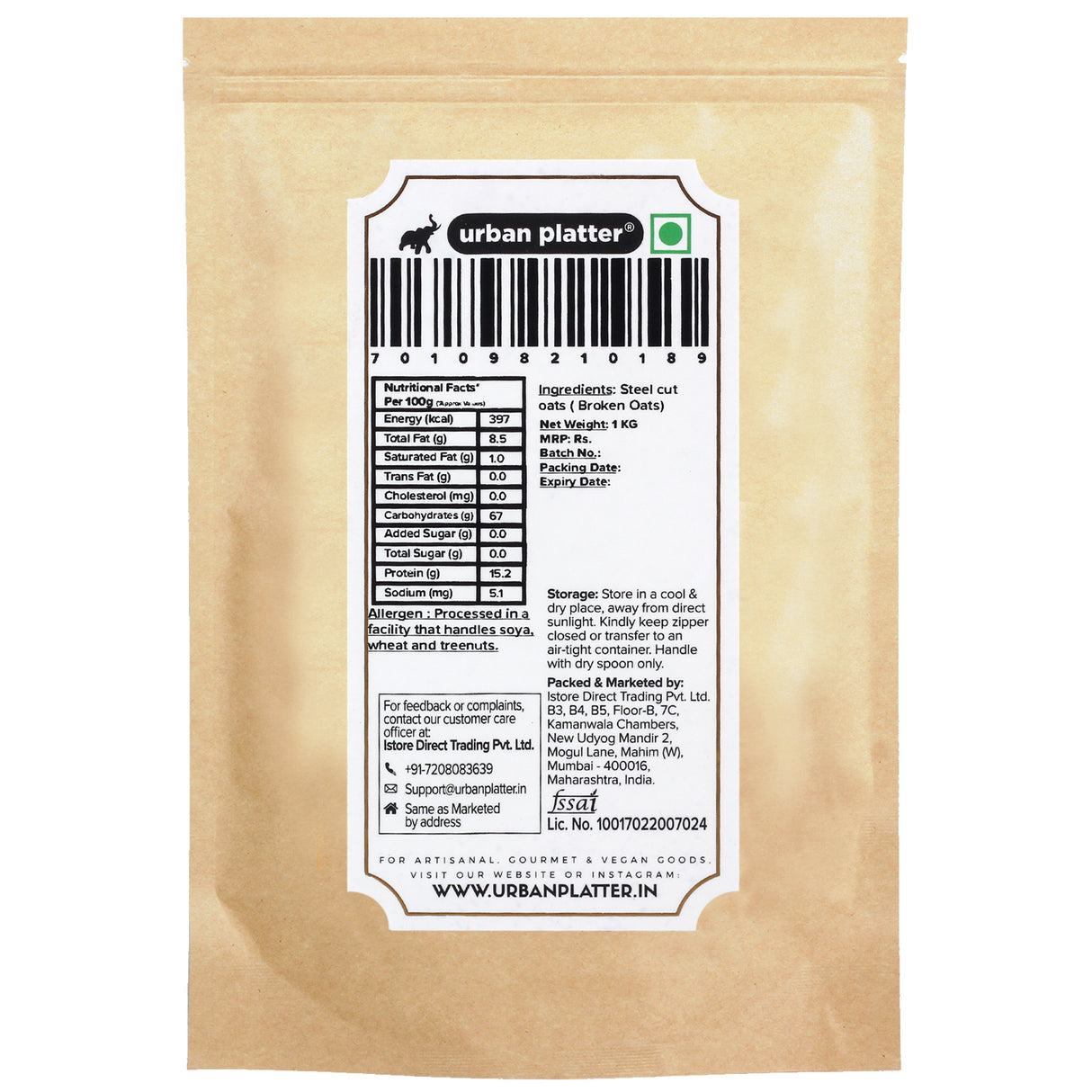 Urban Platter Broken Oats, 1Kg (Natural Steel Cut Oats)