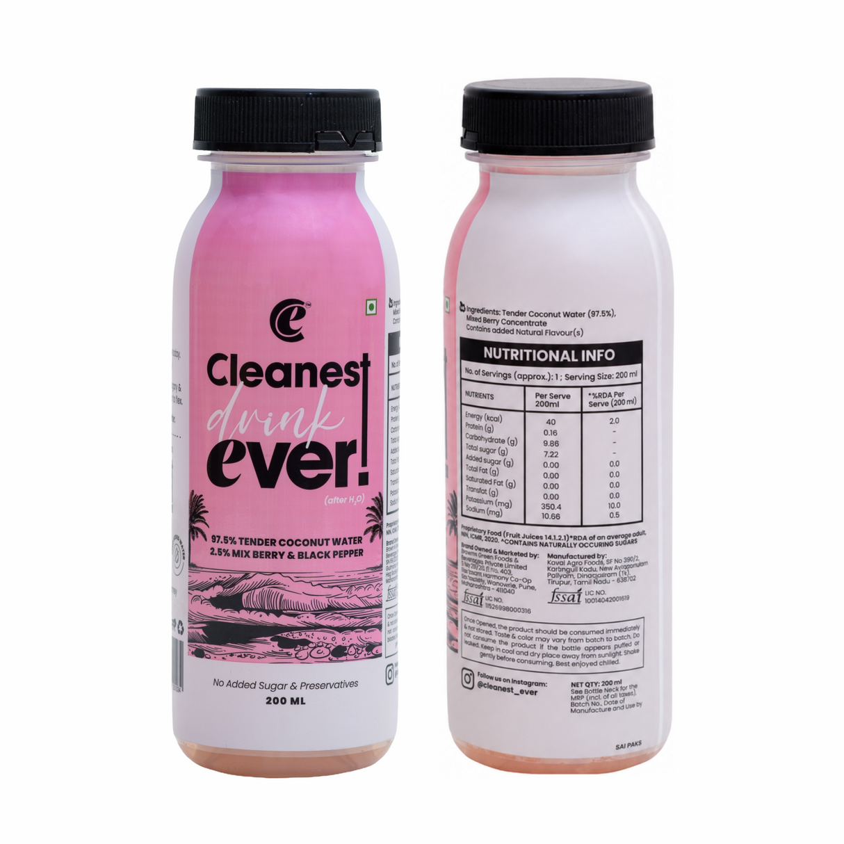 100% Natural Mix Berry Black Pepper Tender Coconut Water - 200ml, Pack of 4 (No Added Sugar, No Preservatives)