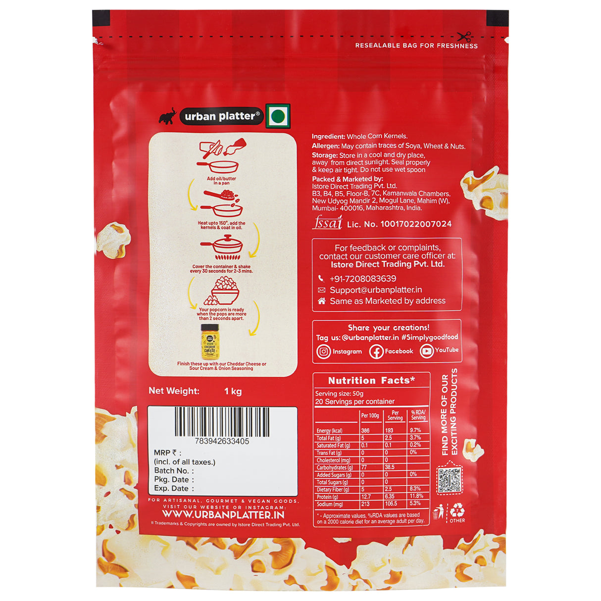 Urban Platter Popcorn Kernels, 1kg (Ready to Pop, Makes delicious and crunchy pop corn, Enjoy with our Range of seasonings, Product of India, Ready to pop Butterfly Popcorn)