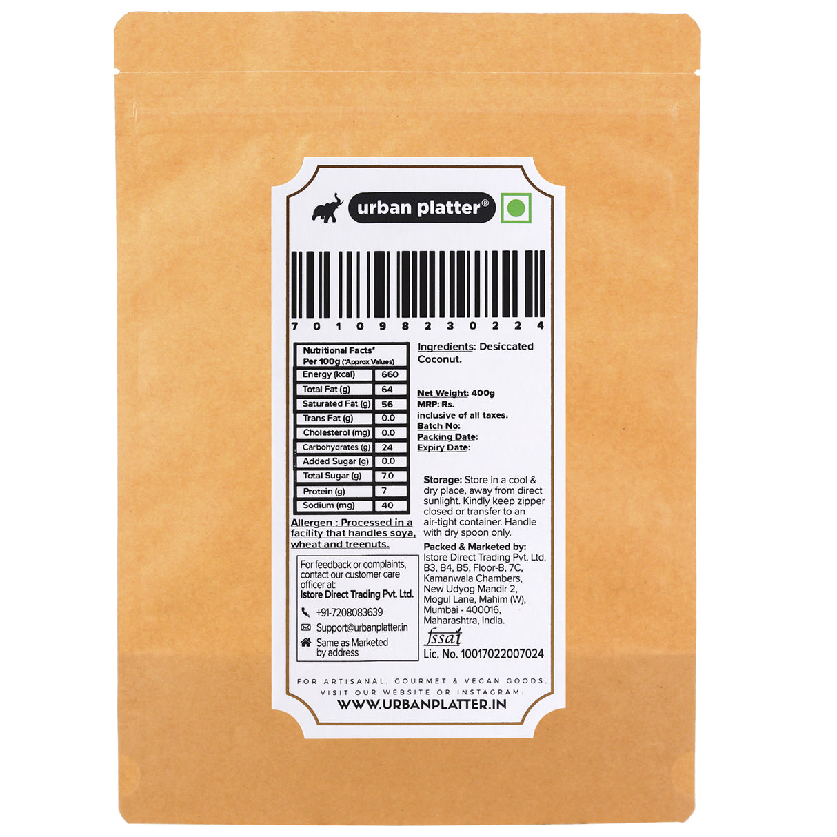 Urban Platter Desiccated Coconut (Unsweetened), 400g