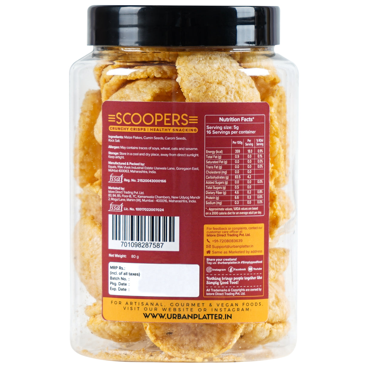 Urban Platter Scoopers Original Indian, 80g (Crunchy Crisps made with Popped Corn for Gluten-free snacking)