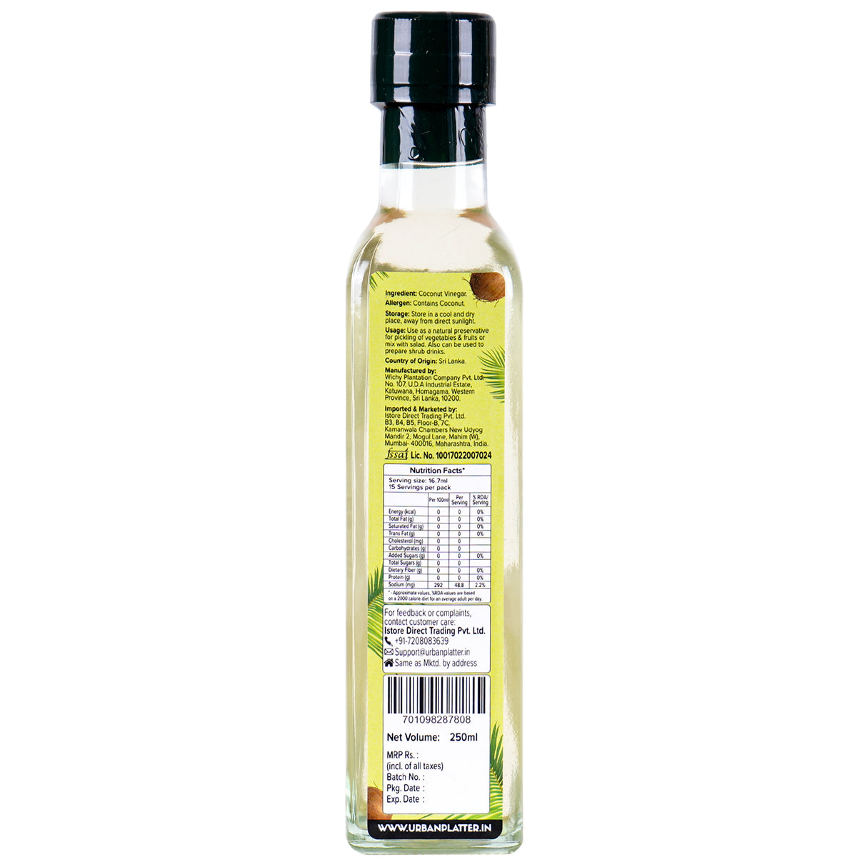 Urban Platter Srilankan Coconut Vinegar, 250ml (Use in Salad Dressings, Stir-fries, Dipping Sauces, Condiments & Marinades)