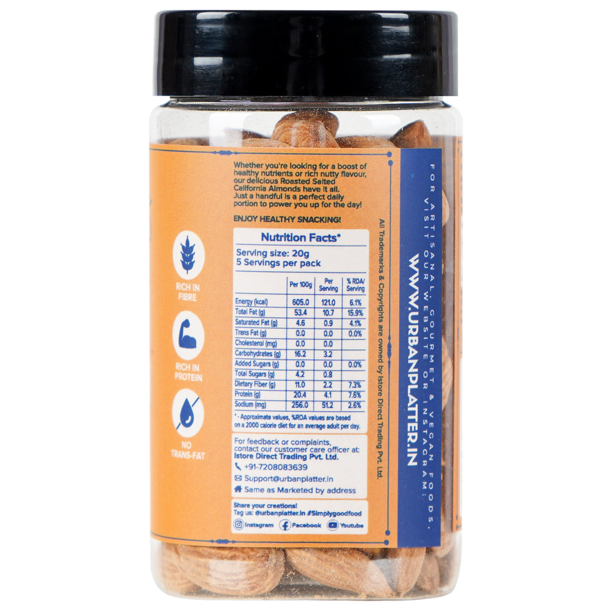 Urban Platter Roasted Salted California Almonds, 100g (Premium California Almonds seasoned with Pink salt, Rich in Fiber & Protein, Add to Fruit Salads, Oatmeal, Trail Mixes, Desserts, Ice creams, Baked Goods)