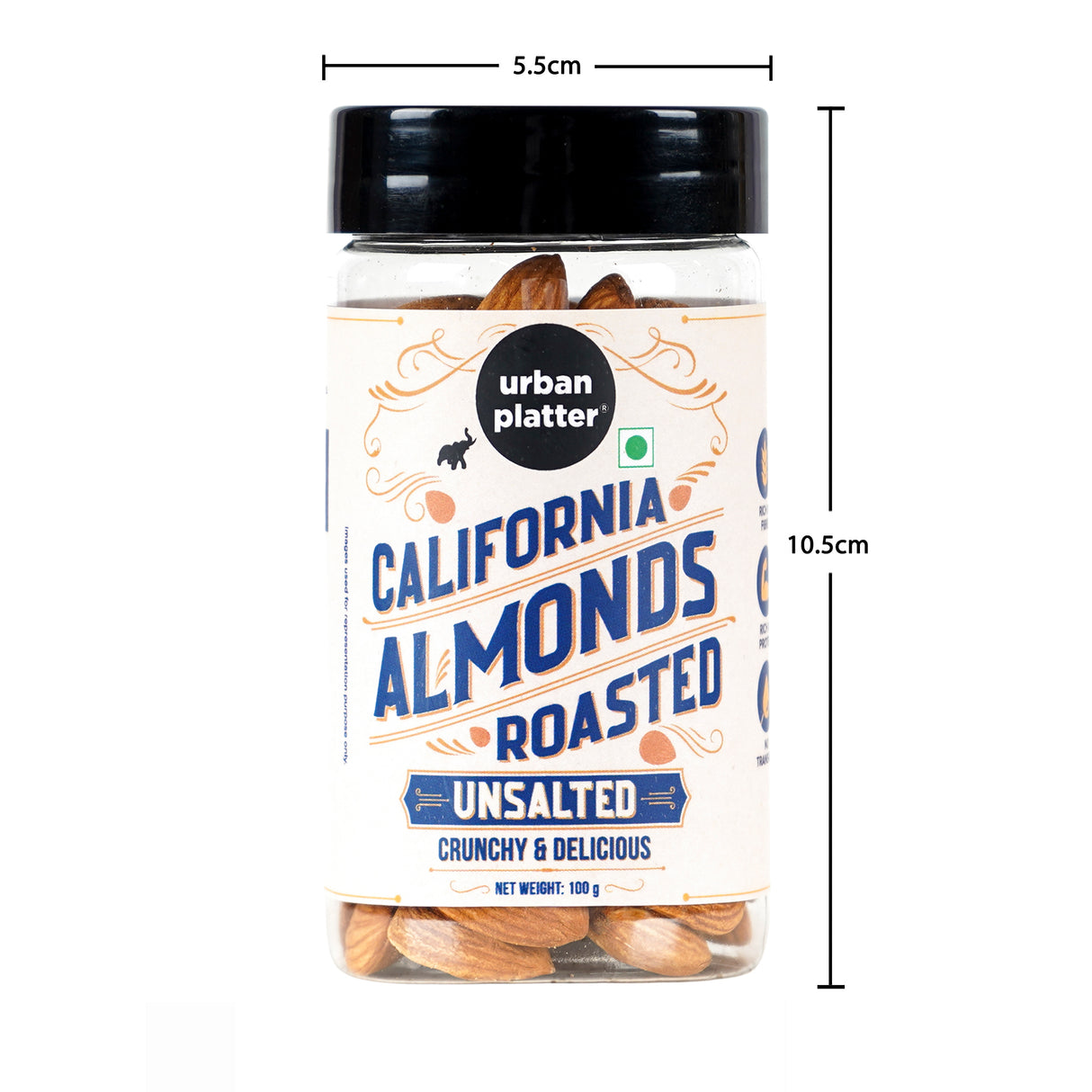 Urban Platter Roasted Unsalted California Almonds, 100g (Premium California Almonds , Rich in Fiber & Protein , Add to Fruit Salads , Oatmeal , Mueslis , Trail Mixes , Desserts , Ice creams, Baked Goods, Travel-friendly pack)