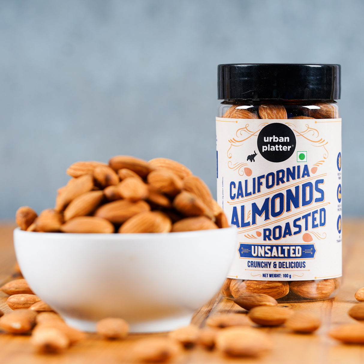 Urban Platter Roasted Unsalted California Almonds, 100g (Premium California Almonds , Rich in Fiber & Protein , Add to Fruit Salads , Oatmeal , Mueslis , Trail Mixes , Desserts , Ice creams, Baked Goods, Travel-friendly pack)