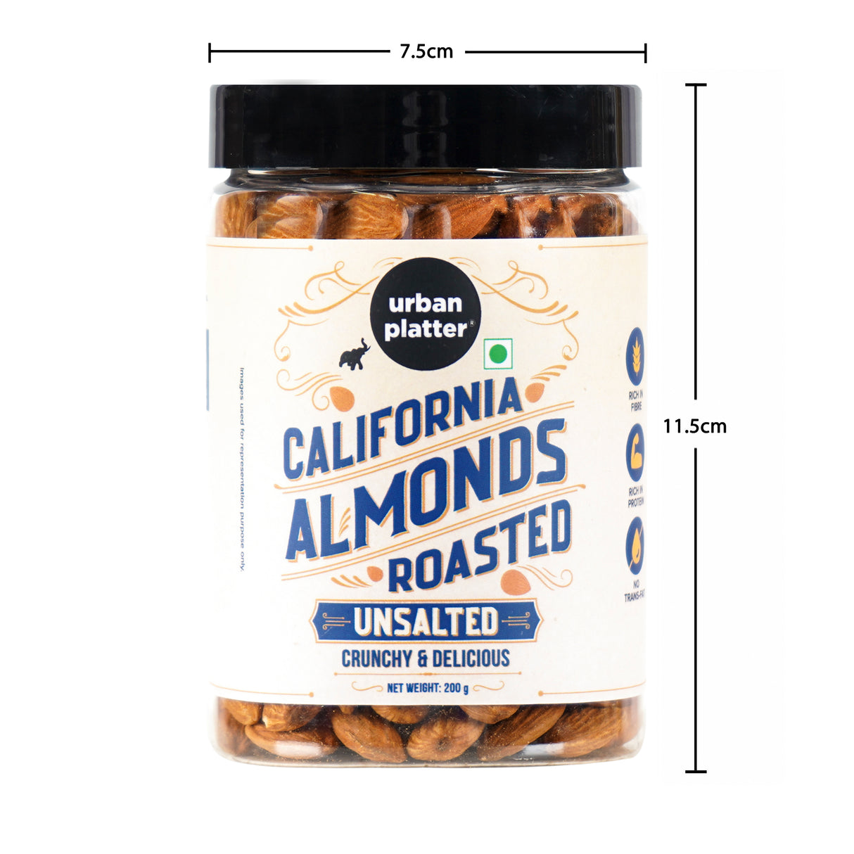 Urban Platter Roasted Unsalted California Almonds, 200g (Premium California Almonds, Rich in Fiber & Protein, Oven Roasted, Add to Fruit Salads, Oatmeals, Mueslis, Trail Mixes, Desserts, Ice creams, Baked Goods)
