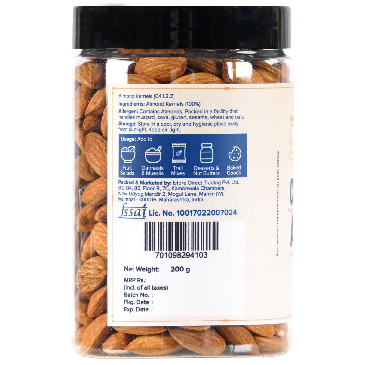 Urban Platter Roasted Unsalted California Almonds, 200g (Premium California Almonds, Rich in Fiber & Protein, Oven Roasted, Add to Fruit Salads, Oatmeals, Mueslis, Trail Mixes, Desserts, Ice creams, Baked Goods)