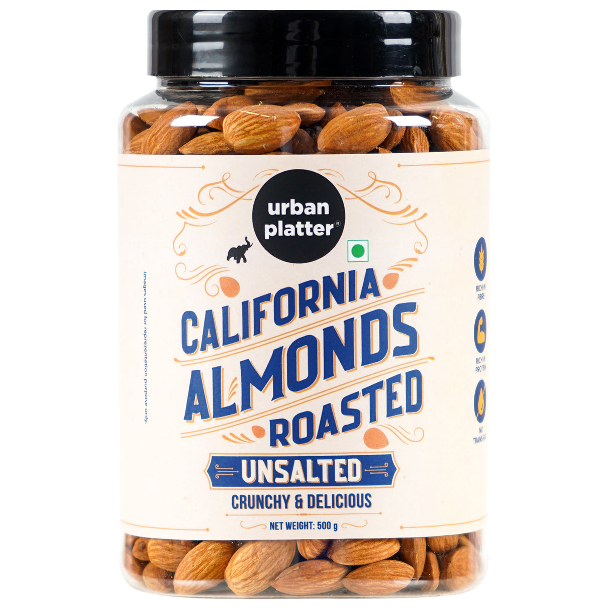 Urban Platter Roasted Unsalted California Almonds, 500g (Healthy Snack, Perfectly Roasted Almonds, Grade A, Badam)