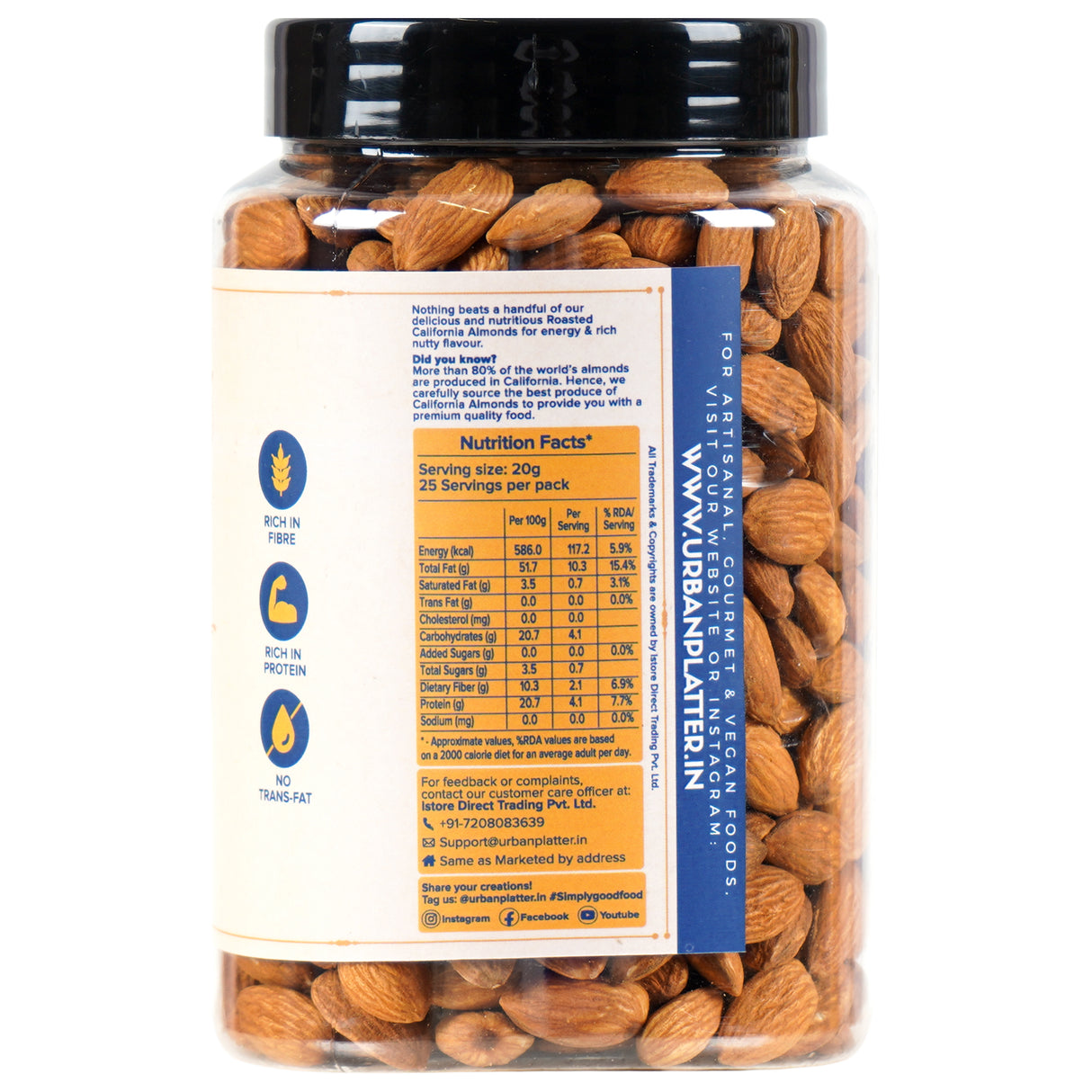 Urban Platter Roasted Unsalted California Almonds, 500g (Healthy Snack, Perfectly Roasted Almonds, Grade A, Badam)