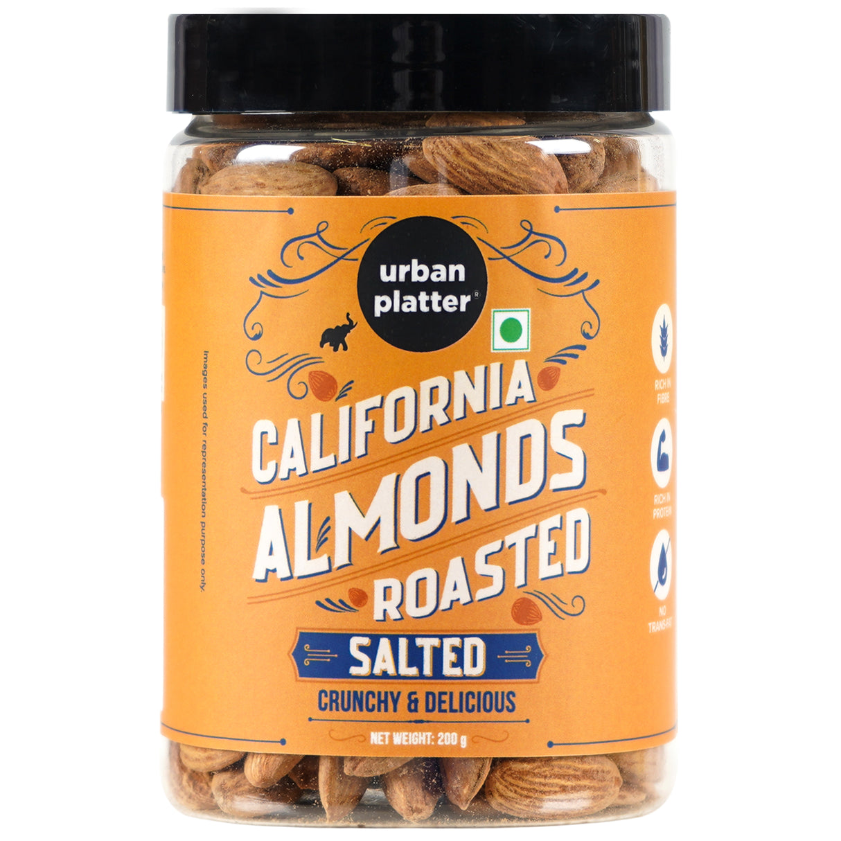 Urban Platter Roasted Salted California Almonds, 200g (Premium California Almonds seasoned with Pink salt, Rich in Fiber & Protein,Trail Mixes, Desserts, Ice creams, Baked Goods)