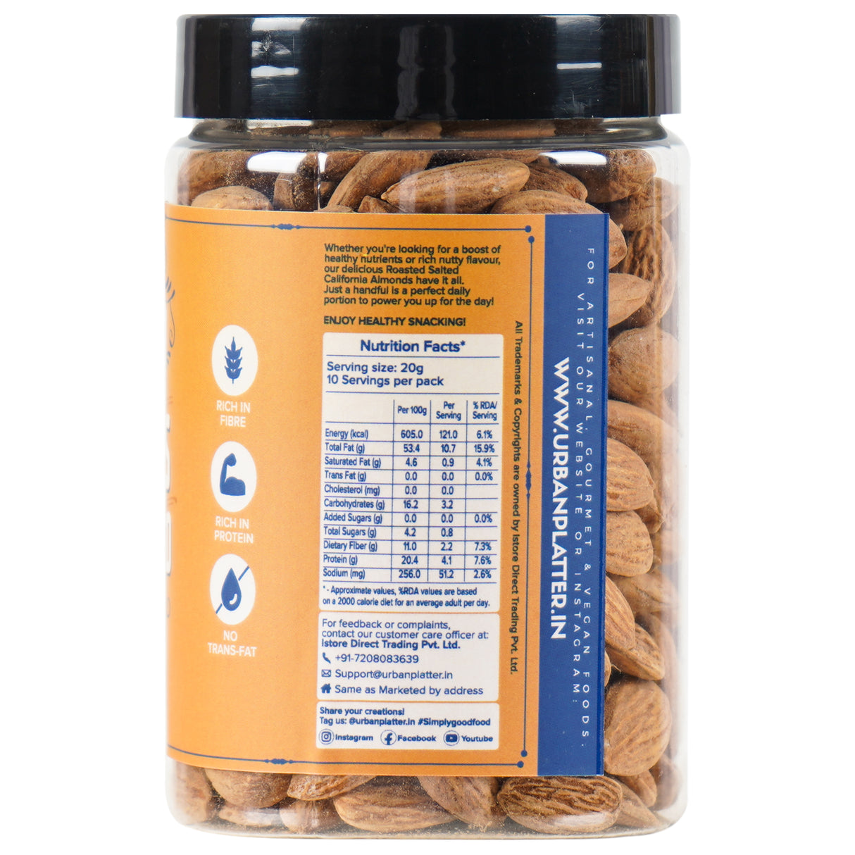 Urban Platter Roasted Salted California Almonds, 200g (Premium California Almonds seasoned with Pink salt, Rich in Fiber & Protein,Trail Mixes, Desserts, Ice creams, Baked Goods)