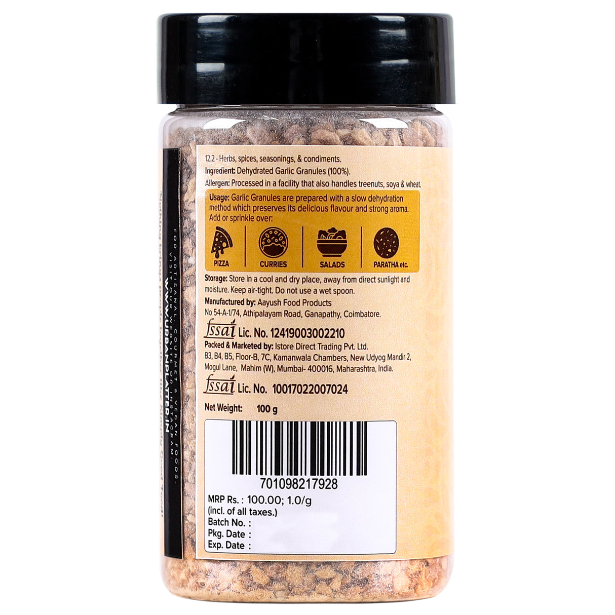 Urban Platter Dehydrated Garlic Granules Shaker Jar, 100g / 3.5oz [Versatile, Savoury, Great Flavour]