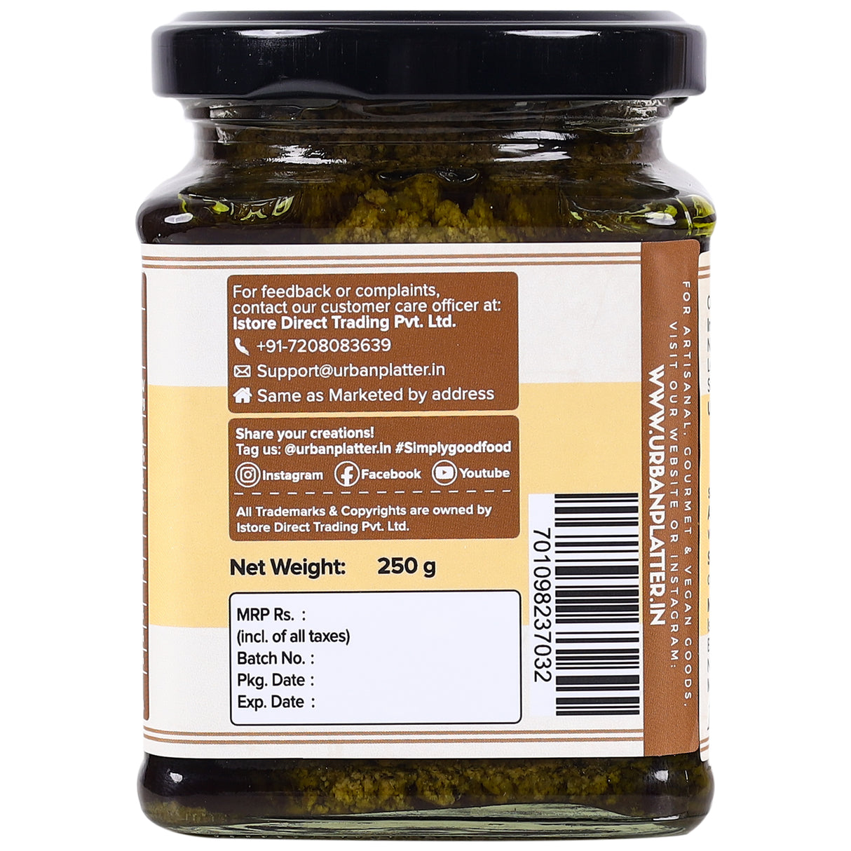 Urban Platter Classic Italian Style California Walnut and Basil Pesto, 250g (Chunky | Savoury| Burst of flavours | Perfectly Plant Based)