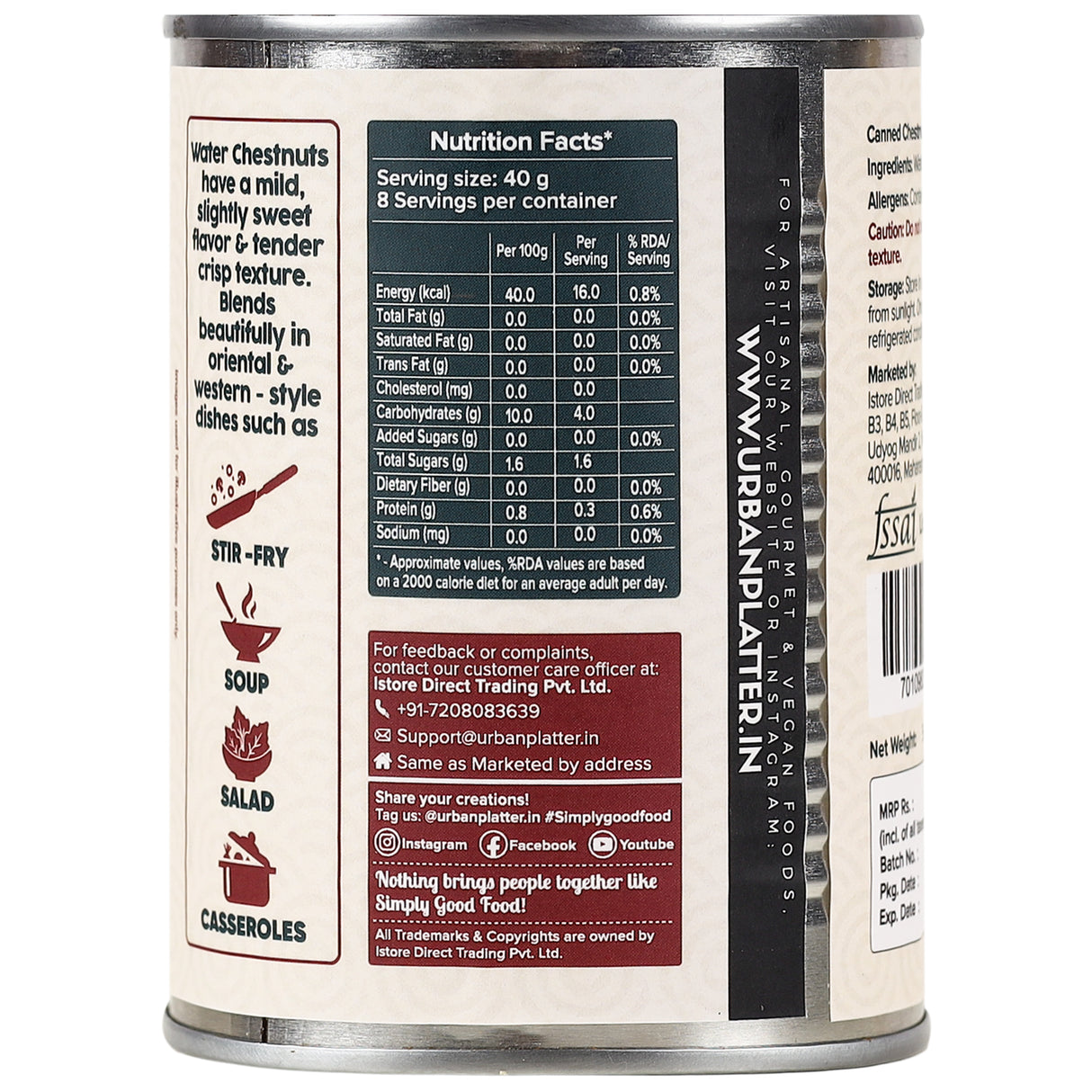 Urban Platter Water Chestnuts in Water, 567g (Drained Weight - 304g, Sweet, Tender, Ideal for Stir-Fries, Asian Dishes)