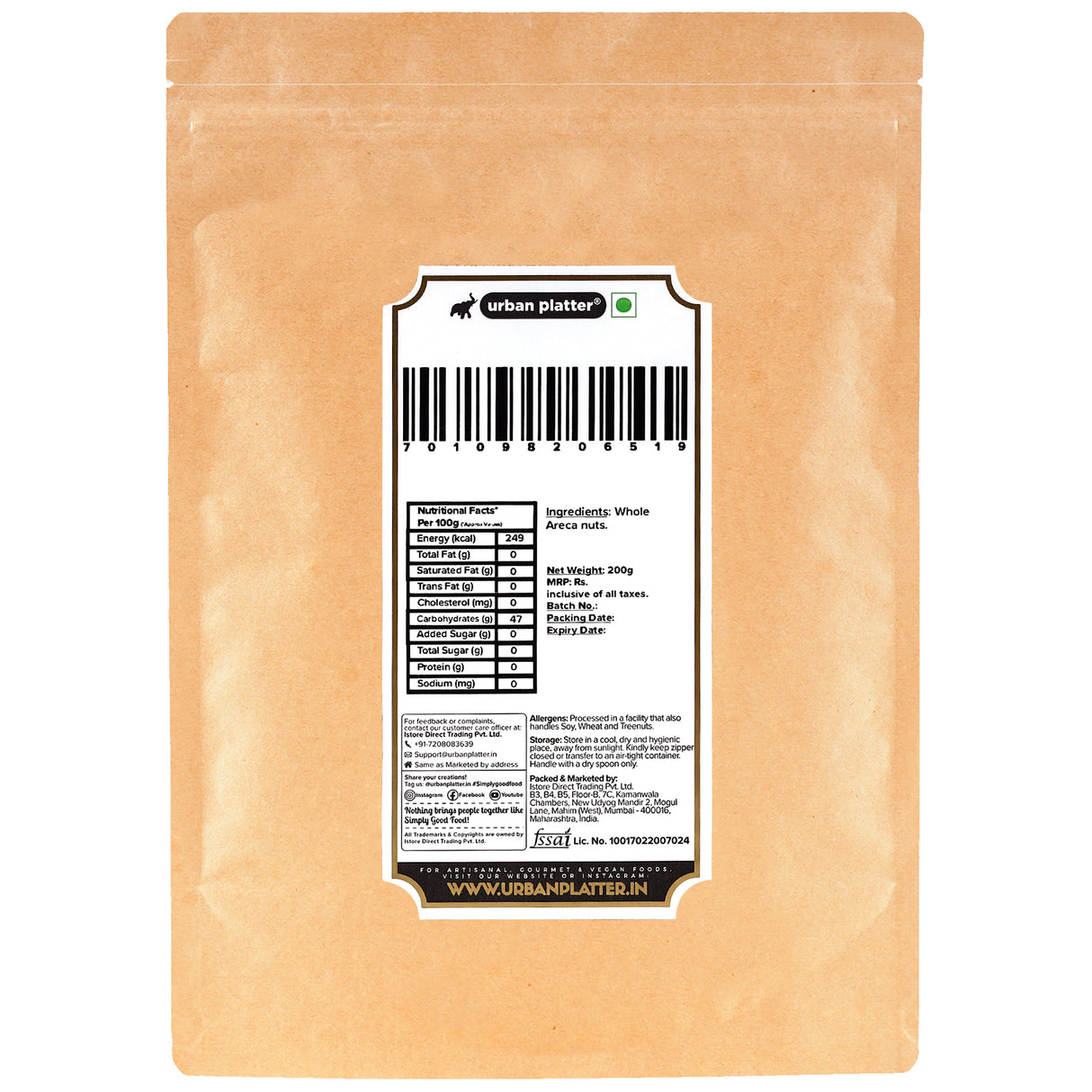Urban Platter Whole Areca Nut (Supari or Betel Nut), 200g