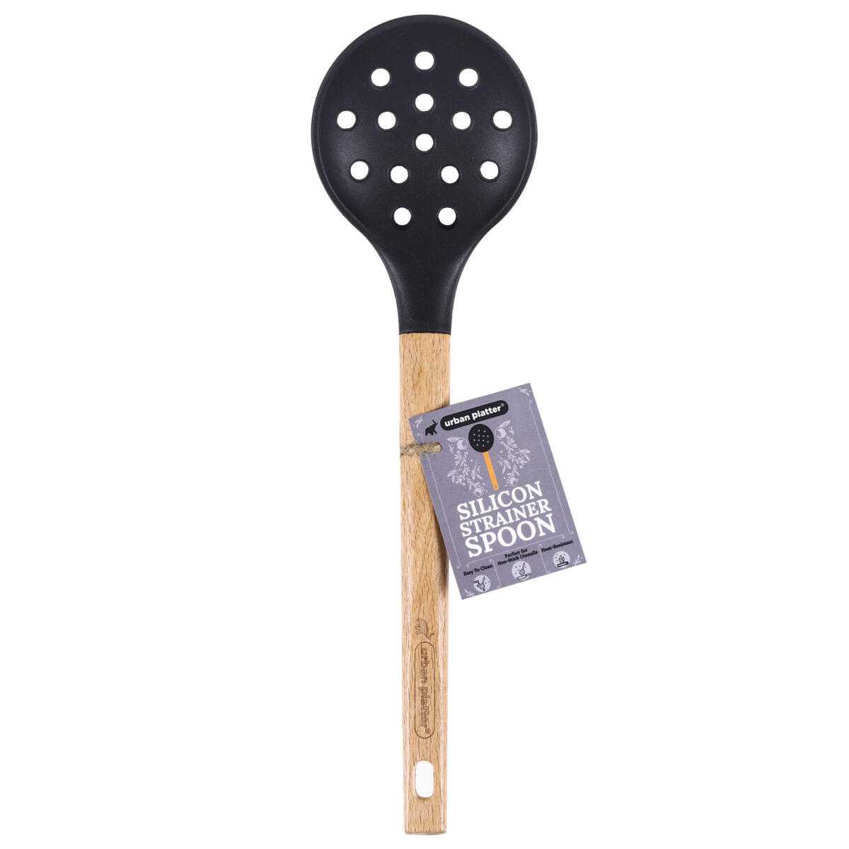Urban Platter Silicone Kitchen Utensil Silicone Slotted Skimmer Strainer Spoon With Wooden Handle [Ideal For Straning Pasta, Easy to Clean, Perfect for Non-stick Utensils, Heat-Resistant]