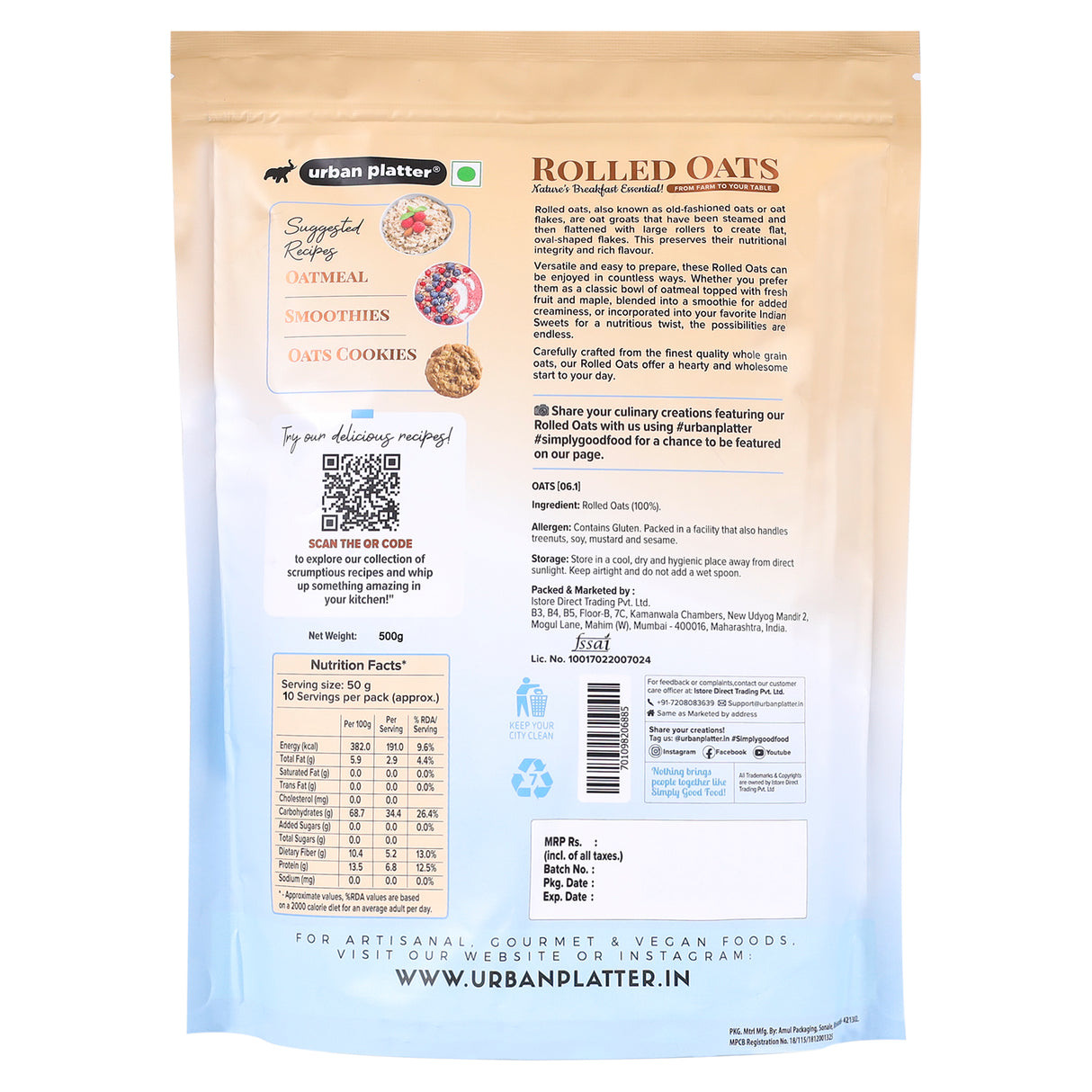 Urban Platter Rolled Oats, (100% Whole Grain | High-fibre | High-Protein)