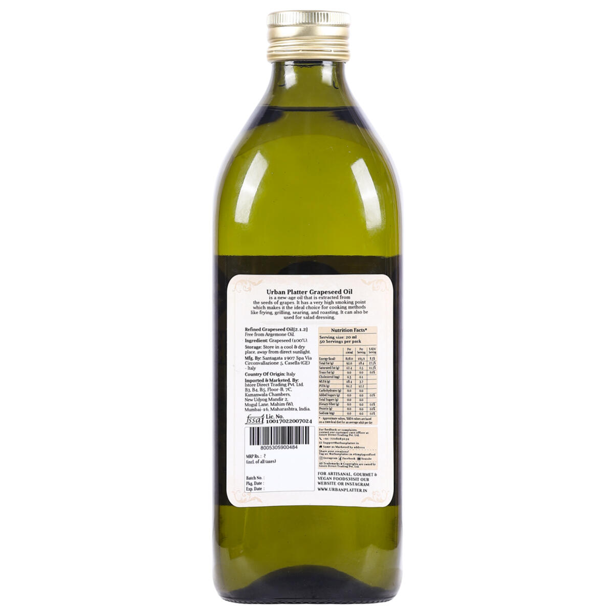 Urban Platter Italian Grapeseed Oil, 1Litre (Perfect for Frying, Grilling & Roasting, Light & Neutral Taste, Cooking & Salad Dressing)