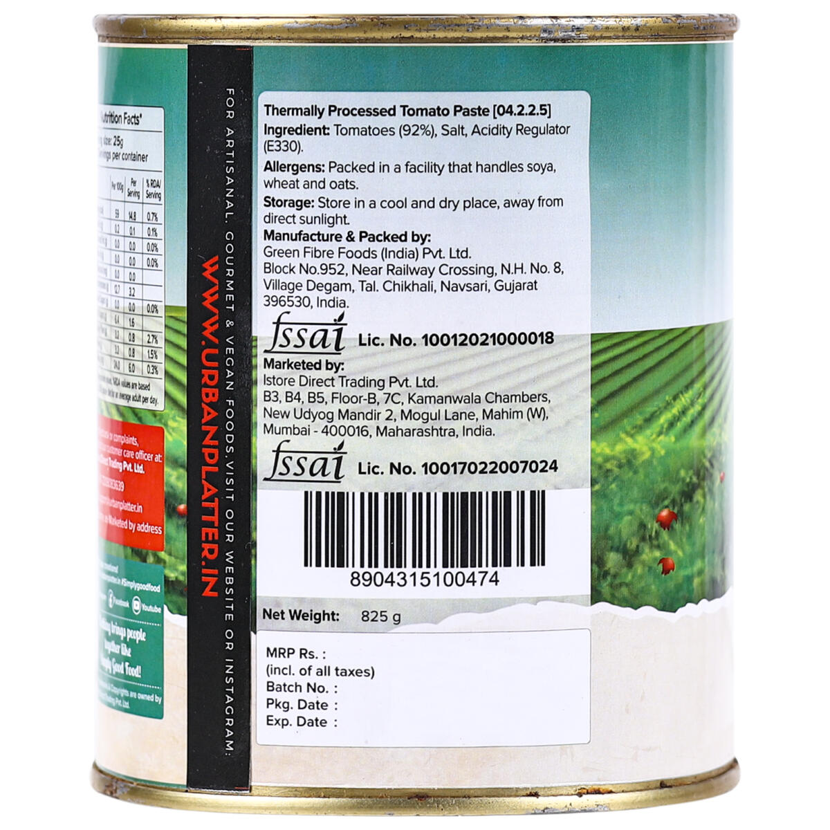 Urban Platter Tomato Puree Can, 825g [Puree De Tomates]