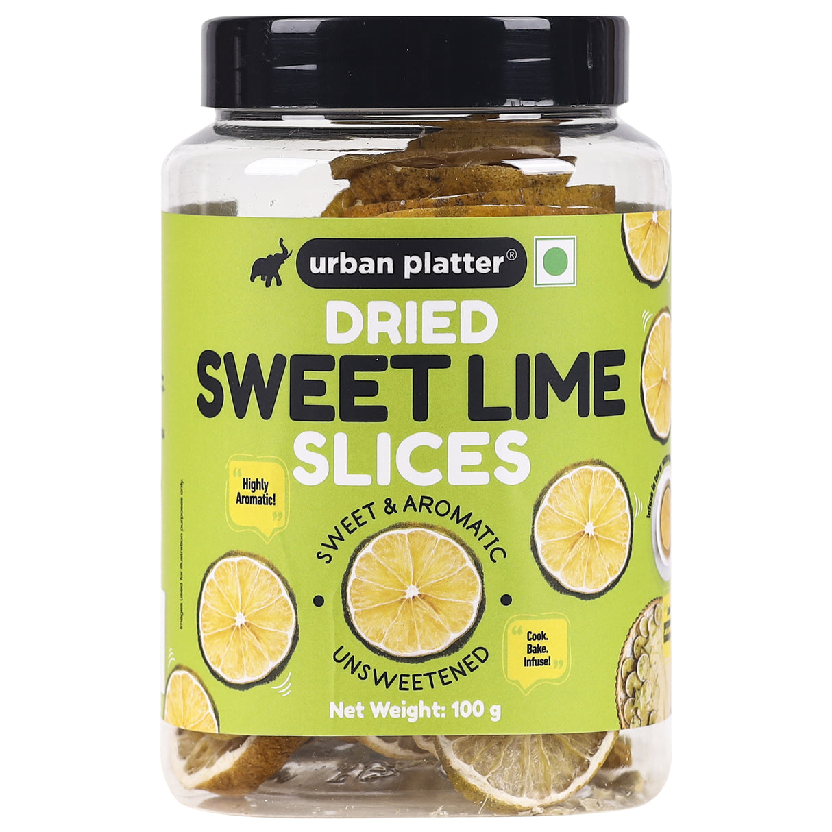 Urban Platter Sweet Lime Slices, 100g ( Unsweetened | Sweet, Zesty & Highly Aromatic | Cook / Bake / Infuse in Teas, Chocolates, Cakes, Cocktails)