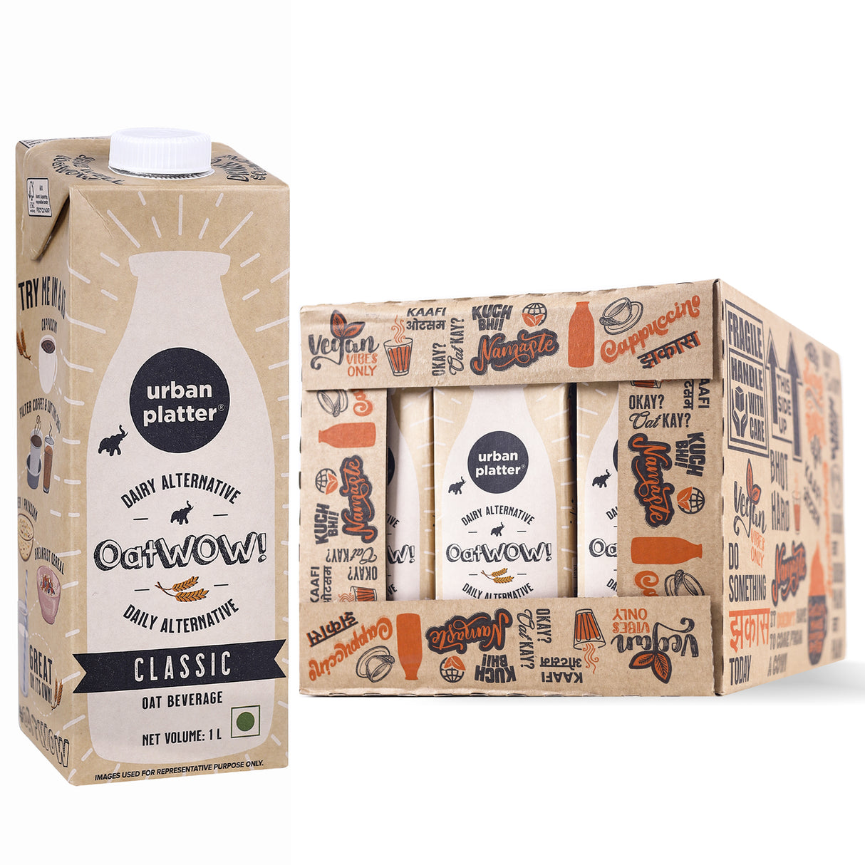 Urban Platter OatWOW Classic Oat Beverage, 1 Litre [Pack of 12 | Plant-based | Milk Alternative | Creamy | Lactose-Free]