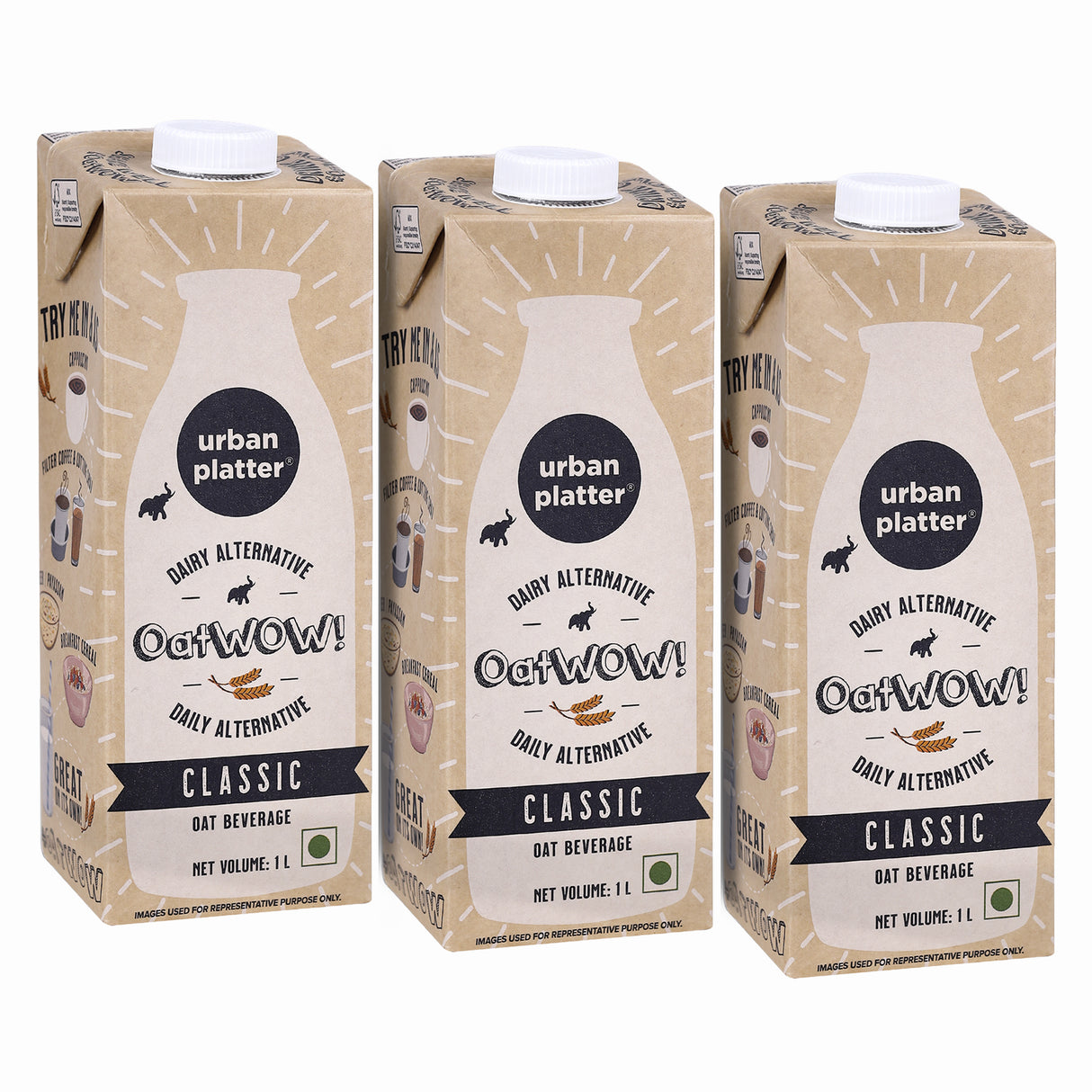 Urban Platter OatWOW Classic Oat Beverage, 1 Litre [Plant-based / Milk Alternative][Pack of 3]