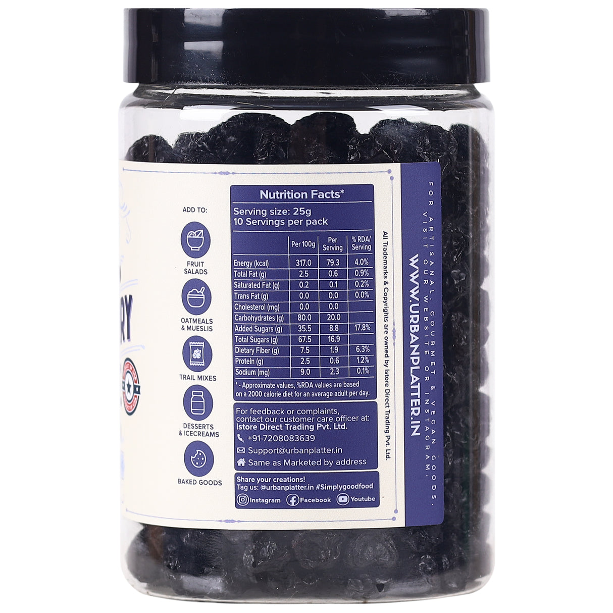 Urban Platter Dried Blueberries, 250g (Sweet & Mildly Tart | Garnish or Add to Fruit Salads, Oatmeals, Mueslis, Trail Mixes, Ice creams, Baked Goods | Product of USA)