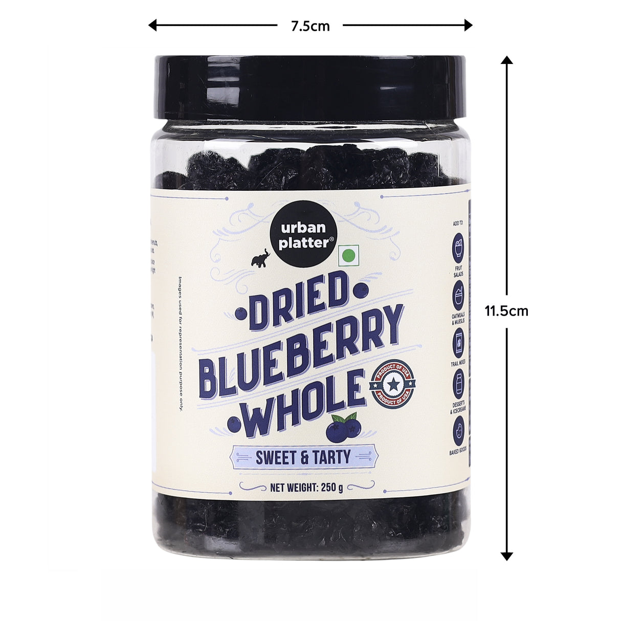 Urban Platter Dried Blueberries, 250g (Sweet & Mildly Tart | Garnish or Add to Fruit Salads, Oatmeals, Mueslis, Trail Mixes, Ice creams, Baked Goods | Product of USA)