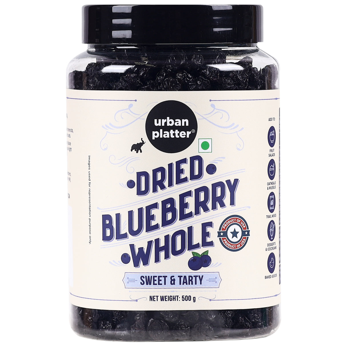 Urban Platter Dried Blueberries, 500g (Sweet & Mildly Tart | Garnish or Add to Fruit Salads, Oatmeals, Mueslis, Trail Mixes, Ice creams, Baked Goods | Product of USA)