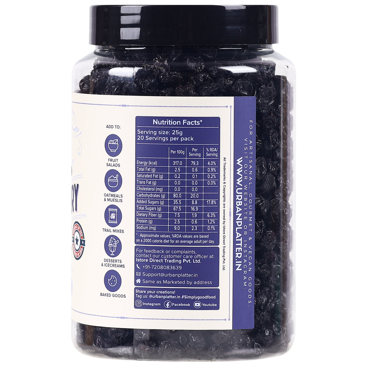 Urban Platter Dried Blueberries, 500g (Sweet & Mildly Tart | Garnish or Add to Fruit Salads, Oatmeals, Mueslis, Trail Mixes, Ice creams, Baked Goods | Product of USA)