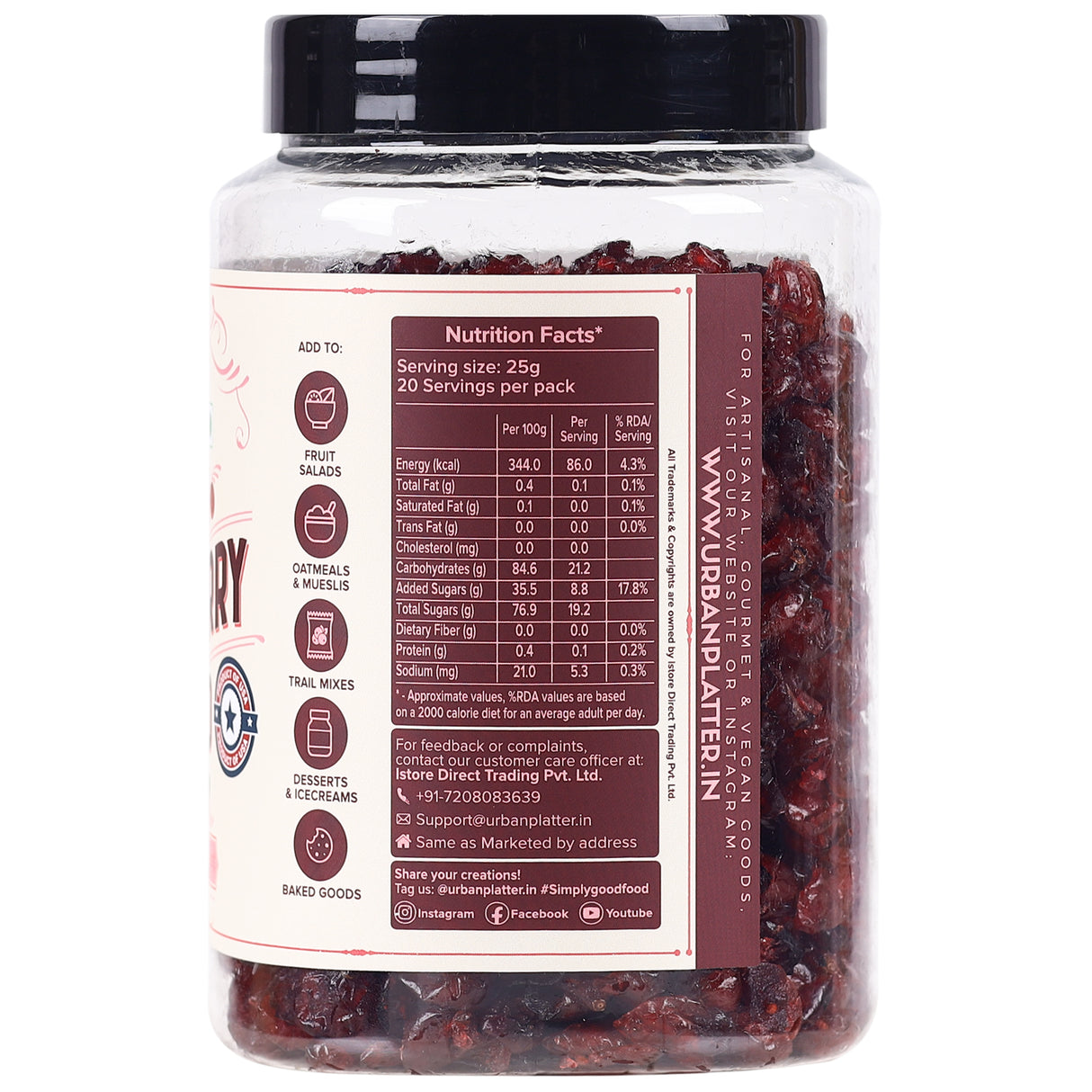 Urban Platter Dried Sliced Cranberries, 500g (Product of USA | Tart & Sweet | Enjoy as Snack | Source of Antioxidants