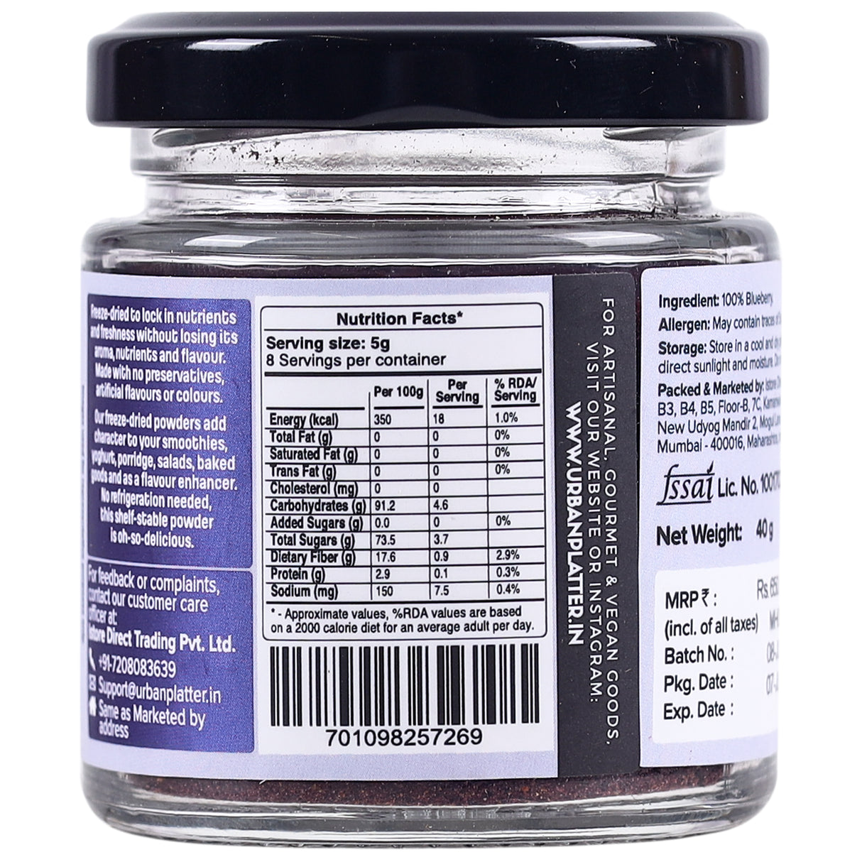 Urban Platter Freeze Dried Blueberry Powder, 40g