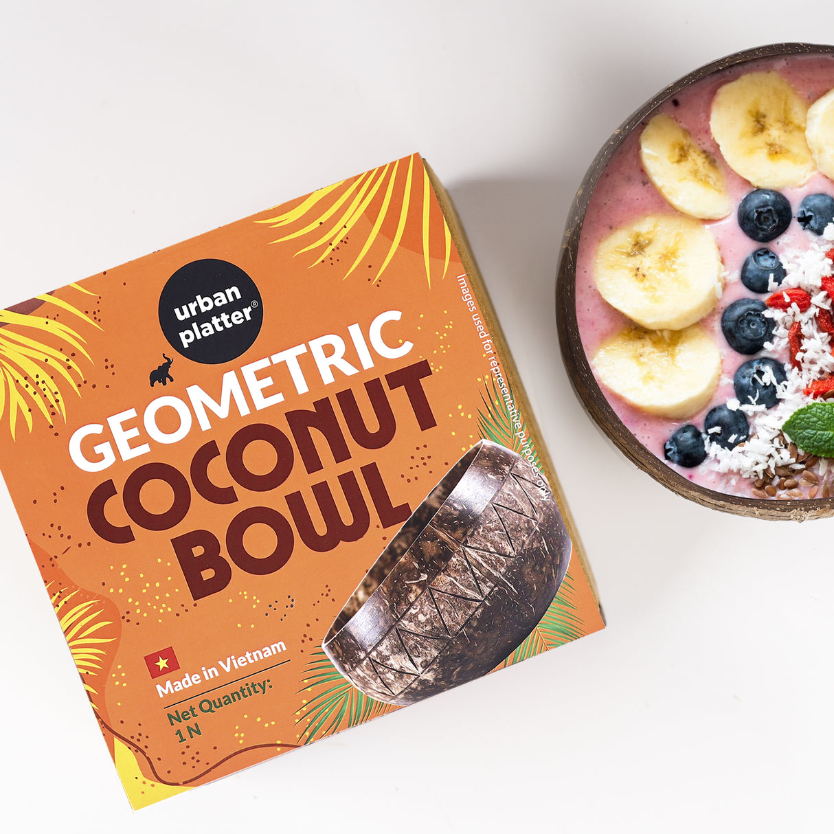 Urban Platter Geometric Coconut Bowl, 1 Unit (Made in Vietnam | Light Weight | Jumbo Size | Eco-friendly)